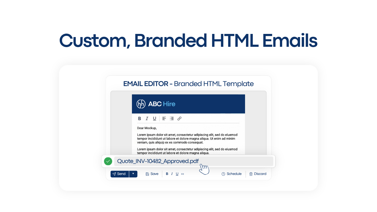 HireHop Custom Branded HTML Email Editor and PDF Attachment